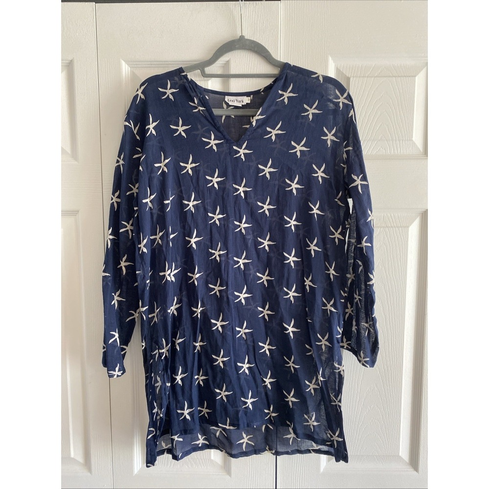 Lexi York Starfish‎ Print Tunic Womens Size M Navy Blue Cotton Beach Coverup L/S